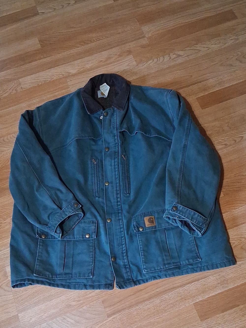Vintage Carhartt Men's Green Work Jacket with Corduroy Collar